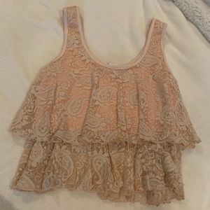 Cream / pink / salmon lace tiered crop top size xs